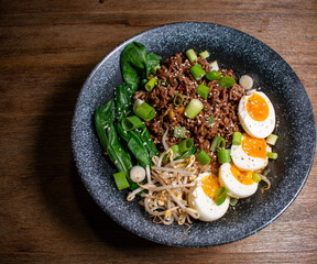 Japanese ramen sup with eggs, pak choi and ground beef  - obrazy, fototapety, plakaty