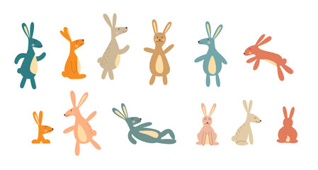 Easter bunnies colorful collection. Rabbits with different poses. Egg hunt concept. Isolated vector stock illustration