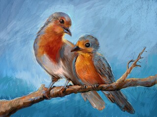 Mother bird and baby bird perched on a branch.  digital art style, illustration painting


