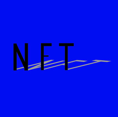 The text of non-combustible NFT tokens with a light shadow on a blue background. Pay for unique items or works of art. For banner or news.Flat design style.