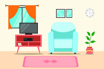 Modern home interiors. Living room interiors. Comfortable sofa, TV, window, chairs and house plants. Vector data illustration. interior aesthetics.