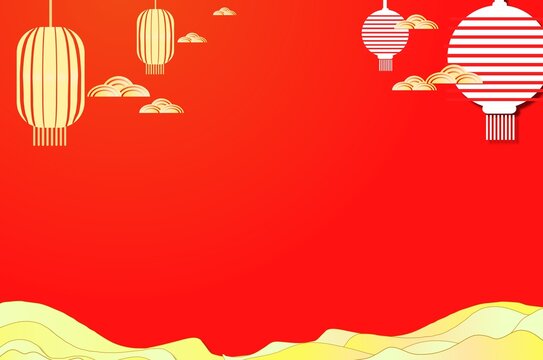 Chinese style red background image consisting of lanterns clouds water waves