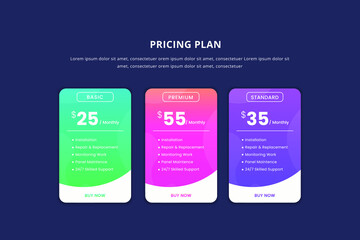 Price table concept in realistic vector design. Web ui element subscription price or plan. Website marketing or promotion interface template. Product comparison table. template presentation. web desig