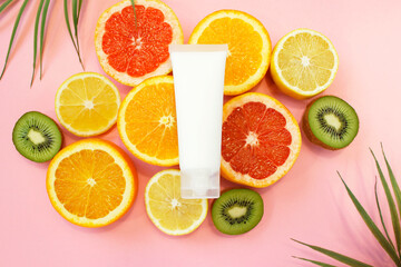Fruit vitamin C face cream, serum aromatherapy anti aging natural cosmetic. mock up bottle