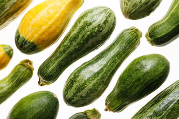 Fresh courgettes, zucchinis on a white background top view.