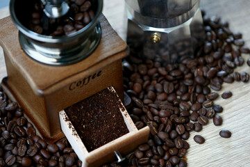 Manual coffee grinder with coffee bean and Drip Kettle Set with Coffee beans