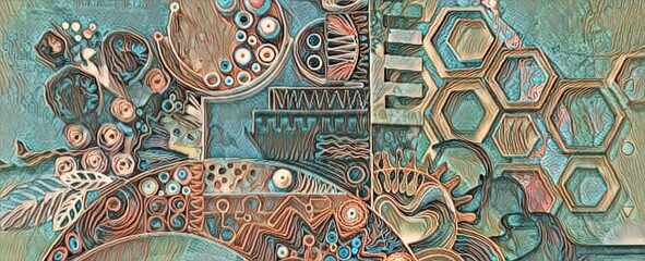 intricate and detailed bright metal material shapes arranged to form unique contemporary art in pastel turquoise and brown colours and wide angle shape