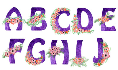 Numbers b and alphabet set with Very Pure watercolor fill and with bouquets of pink flowers .The set is suitable for greeting cards, invitations, for design works,crafts and hobbies.