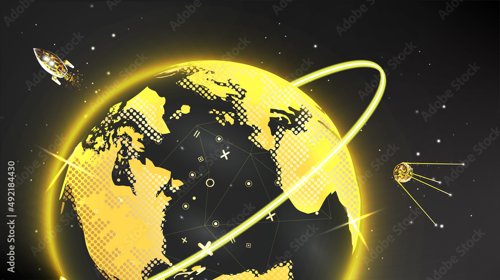 Poster vector. planet earth from space. flickering lights of cities. map of the mainland. global communicat