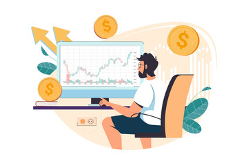Happy man investor. Crypto currency up trend. Growth chart concept. Trade Chart. Cryptocurrency mining, bitcoin exchange, blockchain and marketing technology, internet money flat vector illustration.