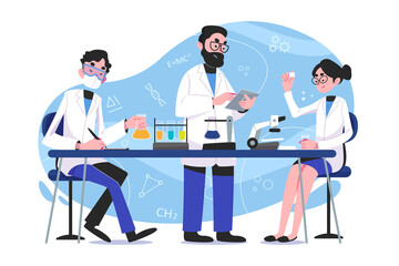 Science concept vector Illustration idea for landing page template, scientist in laboratory experiment research, biology, chemistry, knowledge scientific innovation. Hand drawn Flat Style
