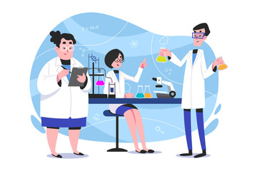 Science concept vector Illustration idea for landing page template, scientist in laboratory experiment research, biology, chemistry, knowledge scientific innovation. Hand drawn Flat Style