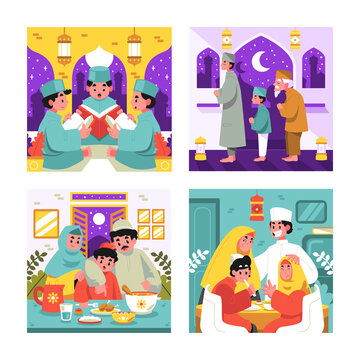 Ramadan Kareem Mubarak concept vector Illustration idea for landing page template, Islamic family Iftar party dates, people praying before breakfasting for the holy month,  Flat Style