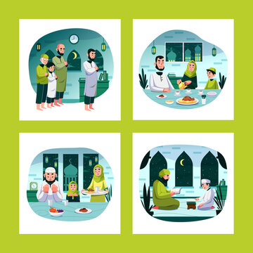 Ramadan Kareem Mubarak concept vector Illustration idea for landing page template, Islamic family Iftar party dates, people praying before breakfasting for the holy month,  Flat Style