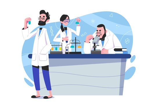 Science concept vector Illustration idea for landing page template, scientist in laboratory experiment research, biology, chemistry, knowledge scientific innovation. Hand drawn Flat Style