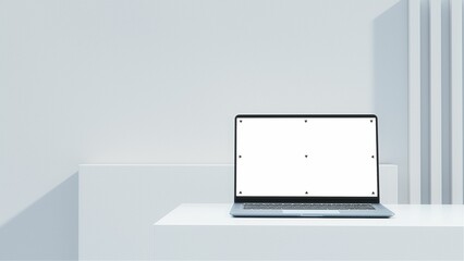 Mockup Shot of a Laptop Computer with Blank White Screen in Bright, Cozy, Sunlit Abstract Environment.