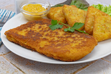 grilled turkey cutlet with röstis on a plate