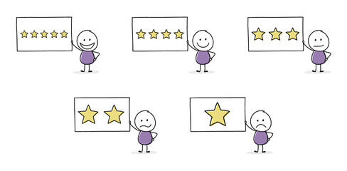 Star rating with cartoon stickman. Appraisal concept. Vector