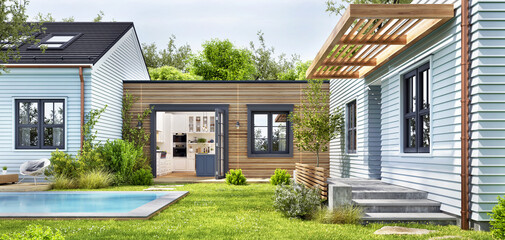 Beautiful house with a cozy patio area and swimming pool