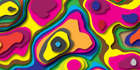 Topographic map in paper cut style. 3d abstract background with cut out waves modern cover. Dark grey holes and mountains papercut art.topography map relief multi color background texture design.