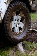 mud covered wheel of a jeep 