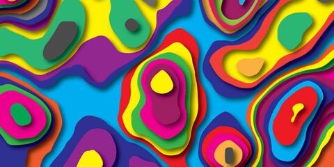 Topographic map in paper cut style. 3d abstract background with cut out waves modern cover. Dark grey holes and mountains papercut art.topography map relief multi color background texture design.