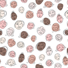 Seamless pattern with cute women's faces in doodle style. Vector illustration.
