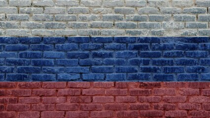 Flag of Russia on brick wall background on town street. Exterior old stone bricks texture with Russian banner. International diplomatic relations concept.
