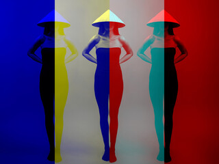 Studio shot of slim and sexy woman with cone-shaped Asian cane hat and black tights till breast...