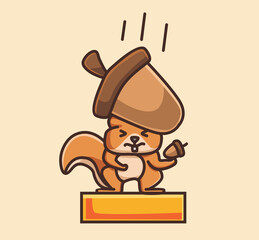 cute squirrel hit by falling nut. Animal cartoon Isolated Flat Style Sticker Web Design Icon illustration Premium Vector Logo mascot character