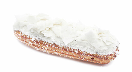 Eclair with decorative sugar glaze, French dessert