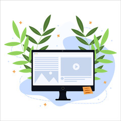 Computer with plants on the background. Work at home. Flat design. Watching videos on a computer.