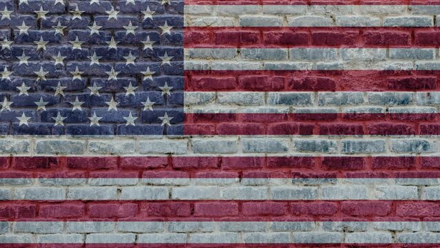 Flags of USA on brick wall background on town street. Exterior old stone bricks texture with American banner. International diplomatic relations concept.