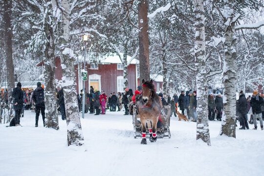 Umea, Sweden - December 05, 2021 Horse riding for Santa fairytale by kids and family in the winter landscape.