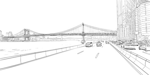 New York city sketch. View of the road with cars and bridge hand drawn industrial vector illustration.