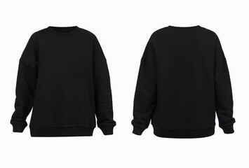 Template of sweatshirt of black color (front, side and back views). White background