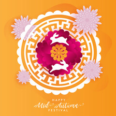 Happy mid autumn chinese festival greeting card calligraphy vector banner with rabbit bunny flowers
