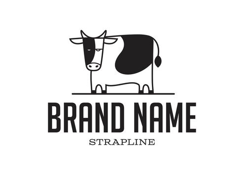 Fun logo design of a cow above brand/company name and strapline. Vector design/illustration