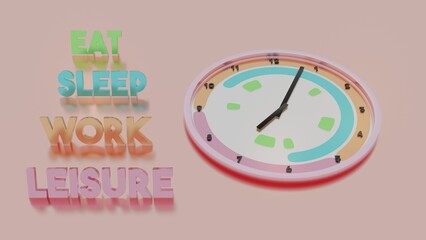 Eat Sleep Work Leisure Wall Clock. 3D render illustration of normal time usage of one day. Loop of 24 hours rhythm of life.