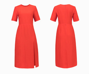 Mock-up of a red women's dress, front view, view of the abrasion on a white background