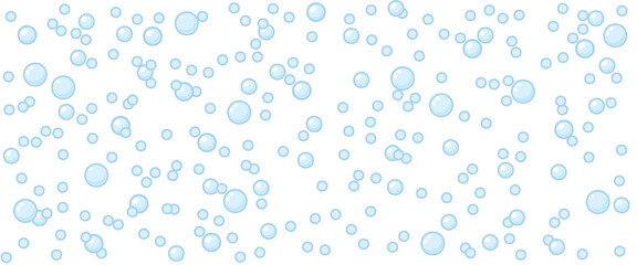 Fototapeta na wymiar Bubbles vector seamless background with flat line icons. Soap texture. Gentle repeating background pattern of blue bubbles on a white background. Abstract wallpaper with fizzy effect