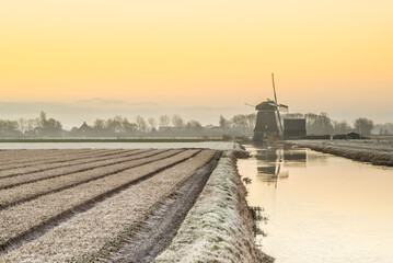 'Breezand, the Netherlands. March 2022. Sunrise in the polder with mill in background.
