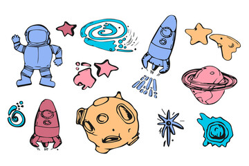 set of Space elements in the doodle sketch style. space rockets and ships, astronauts, star, comet, moon.
