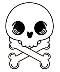 Cute skull. Isolated vector illustration. Human skull and crossbones. Dead man s head. Pirate flag Jolly Roger. Symbol of robbers and Halloween. Funny cartoon flat illustration