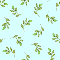 Fototapeta na wymiar The watercolor simple pattern is seamless. Blue background and green leaves.