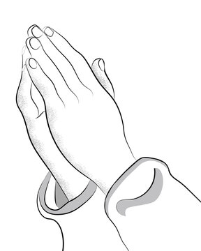 Outlined of hands praying to God. Sketch of praying hands, praying for salvation, forgiveness. Religious belief, prayer, and worship. Hands asking forgiveness for wrong deeds