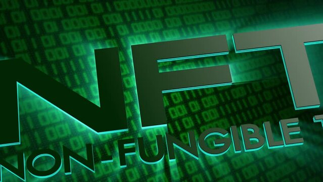 Colorful green typography NFTs crypto art currency concept. Non-Fungible Tokens with neon glowing light flashing on dark green hexadecimal motion moving big data digital code running in background.