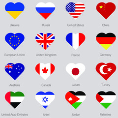 Set of 16 heart symbols with flags of different countries of USA, Russia, Ukraine, China, Europe, Middle East countries, etc. Vector.