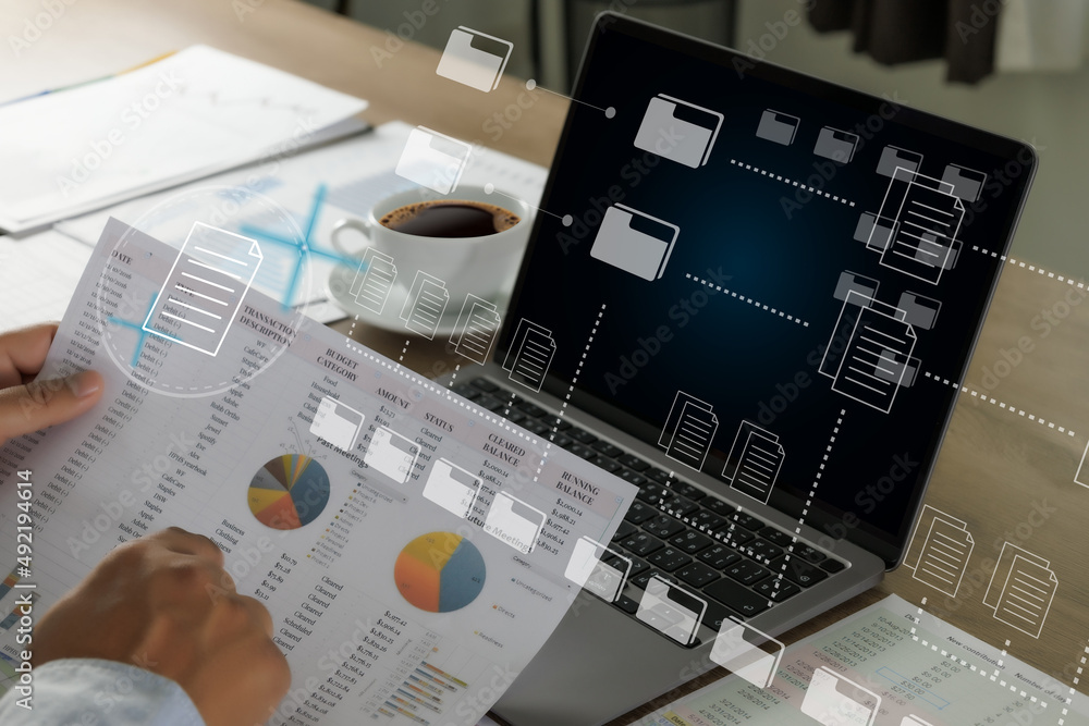 Aufkleber document management system (dms) businessman working manage files documentation