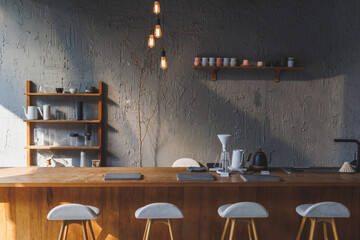 cafe interior Layout in a loft style in dark colors open space interior view of various coffee Welcome open coffee shop background.
